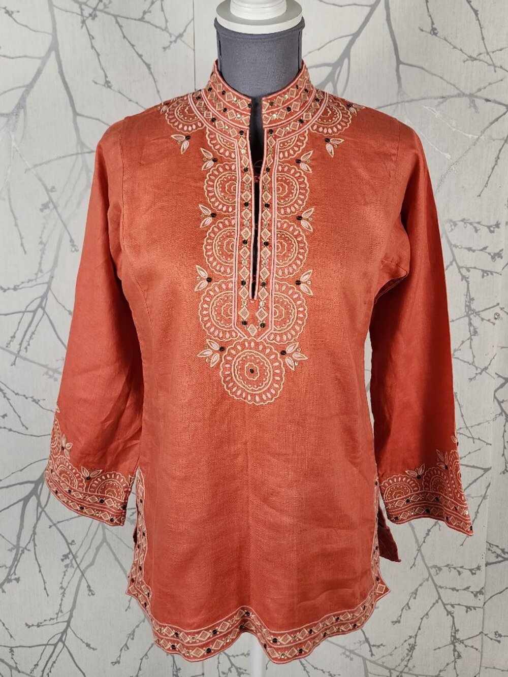 J. Crew 100% Linen Ethnic Embroidered Mandarin Collar Tunic